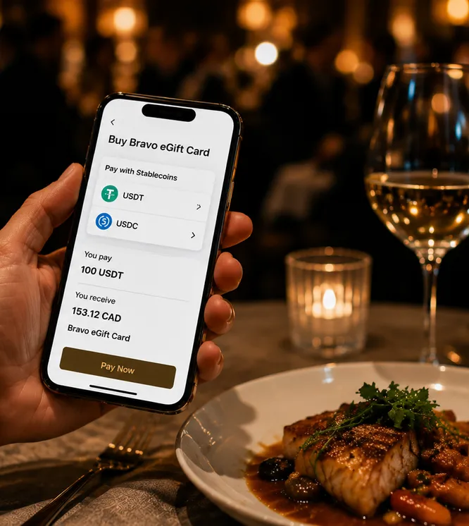 Phone showing Bravo eGift Card purchase at a restaurant