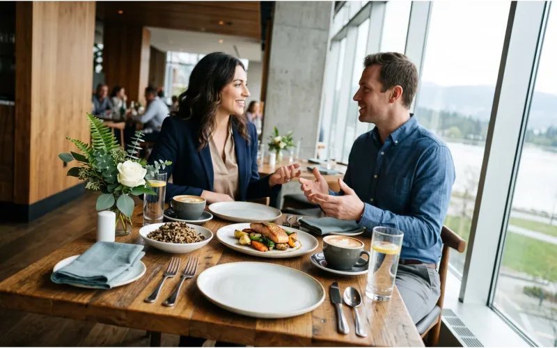 Colleagues using a dining benefit at a restaurant table