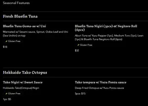 Picture of menu information at Shizenya