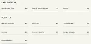 Picture of menu information at COMEDOR By La Taqueria