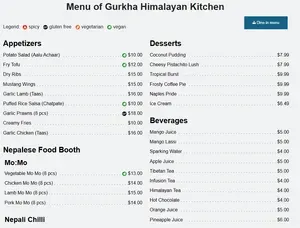Picture of menu information at Gurkha Himalayan Kitchen Restaurant