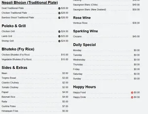 Picture of menu information at Gurkha Himalayan Kitchen Restaurant