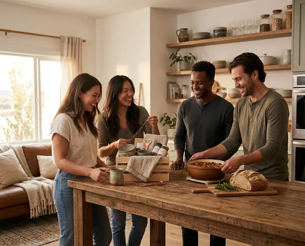 Friends celebrating a housewarming around a kitchen island with a gift crate and home-cooked meal