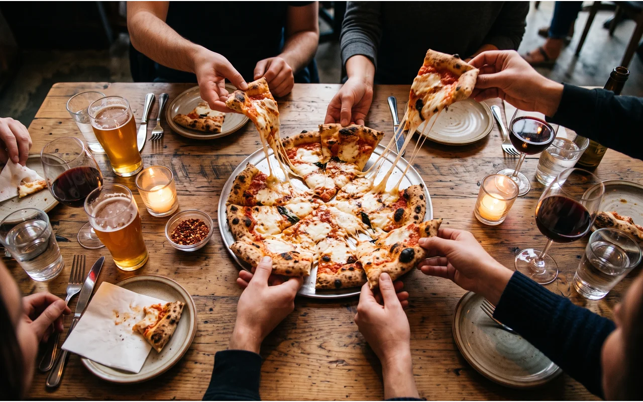 Friends sharing pizza at a restaurant table